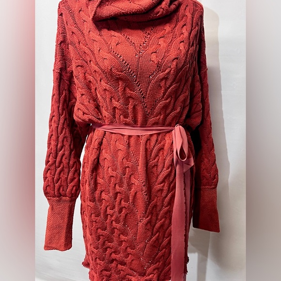 FREE PEOPLE Rust red cable knit turtleneck‎ sweater dress size S - Picture 10 of 14